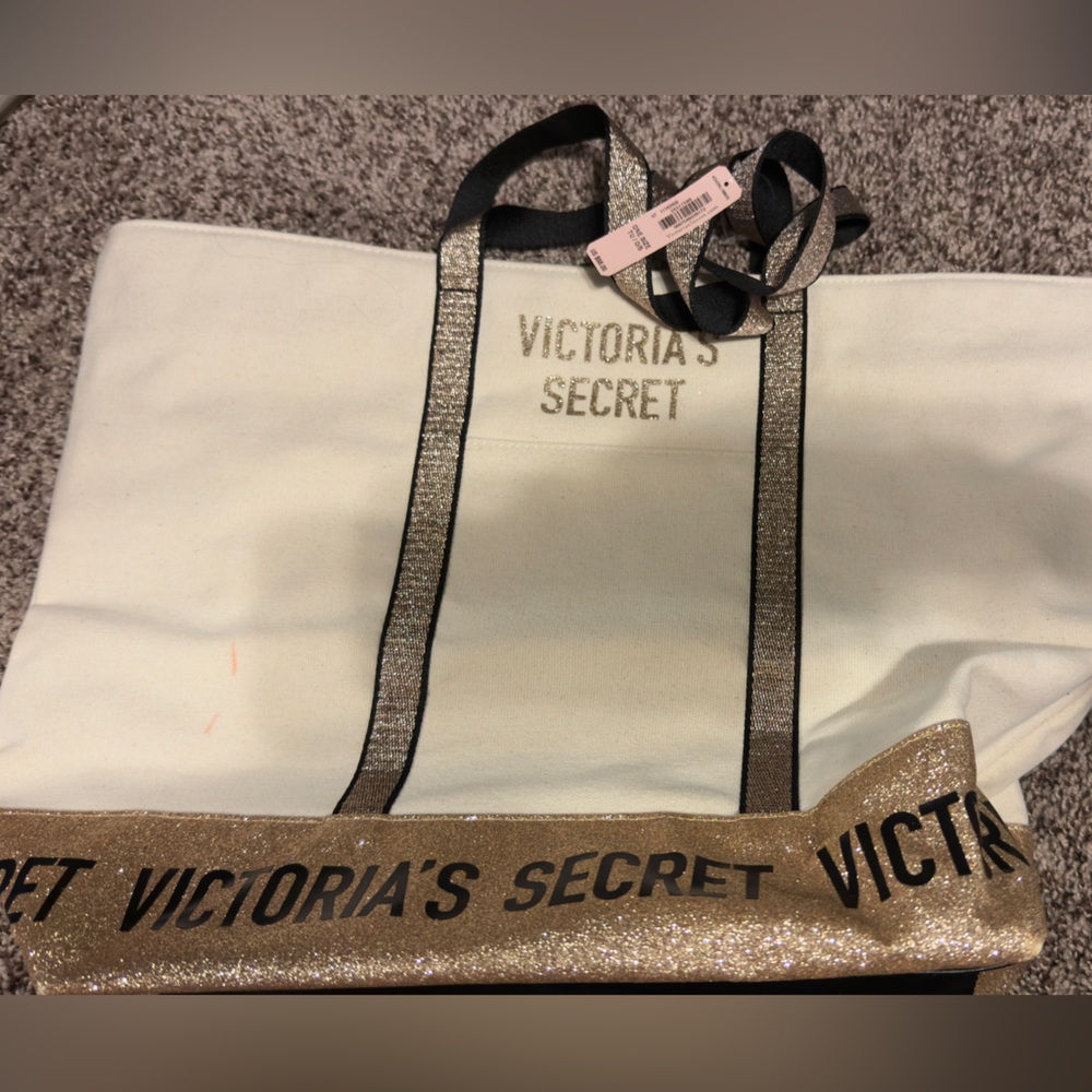Victoria's Secret Gold and White Tote Bag with Structured Design